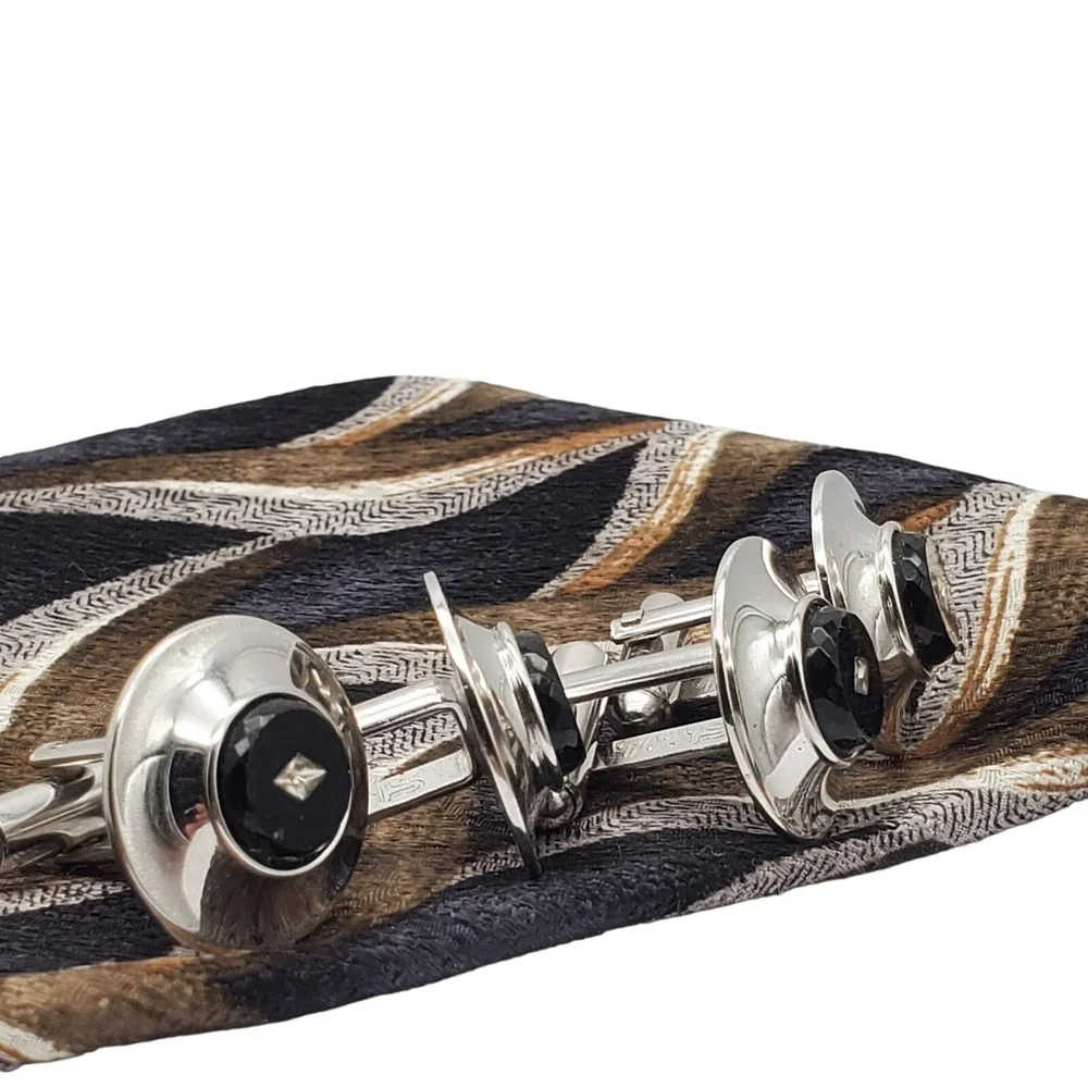 Black Onyx Crystal Cufflinks Silver Tone Shields 5th Avenue Suit Accessory Set 2